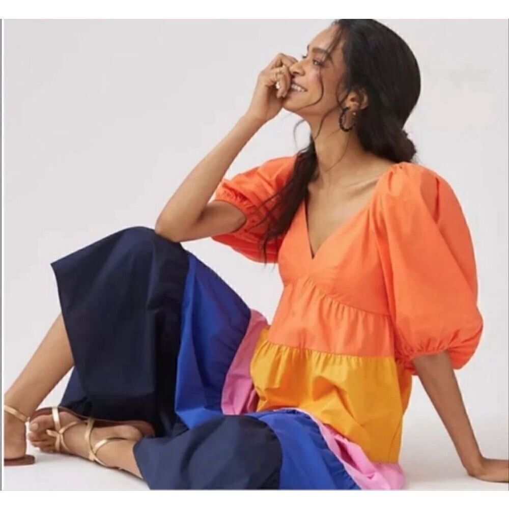 Anthropologie Farm Rio Size S Puff Sleeve Tiered Maxi Dress Colorblock Stripe - Picture 4 of 15